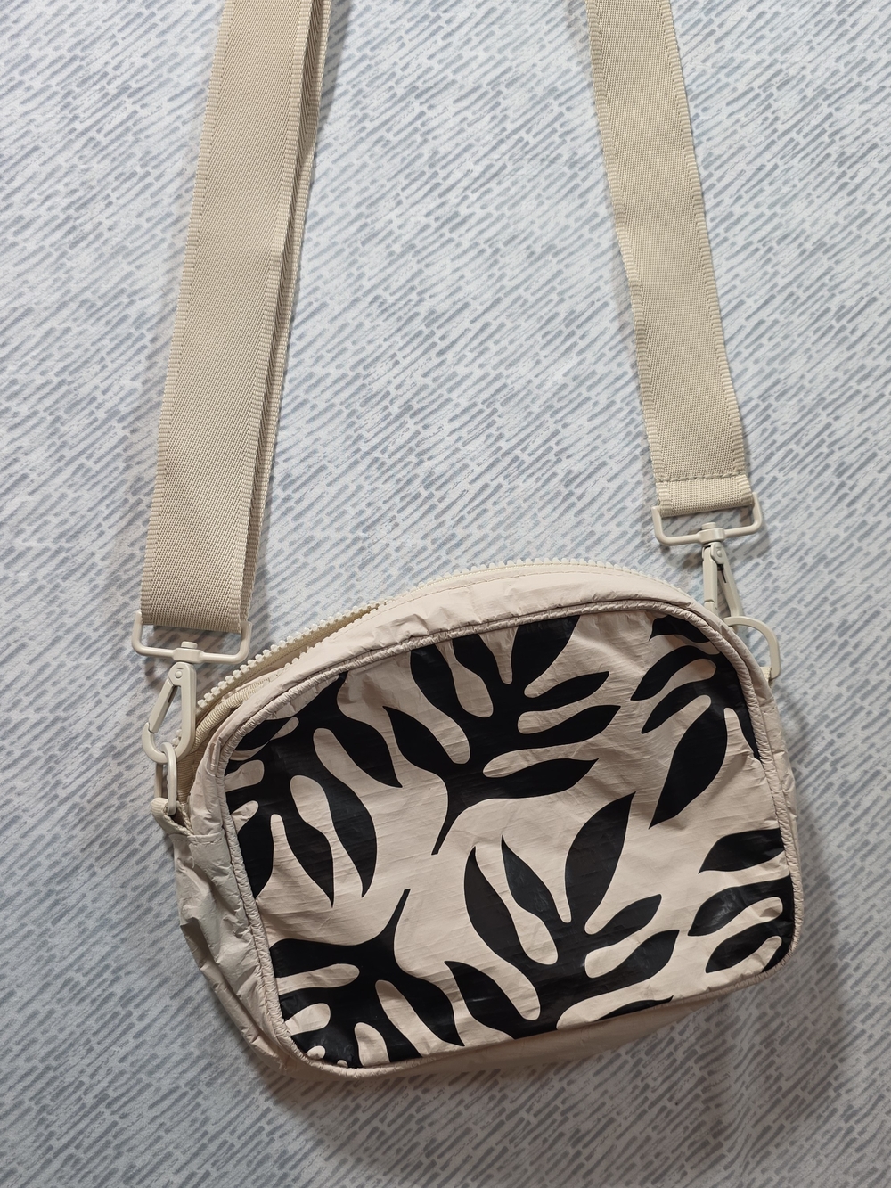 Aloha Beige Crossbody Bag with Black Leaf Print, Water Resistant, Like New